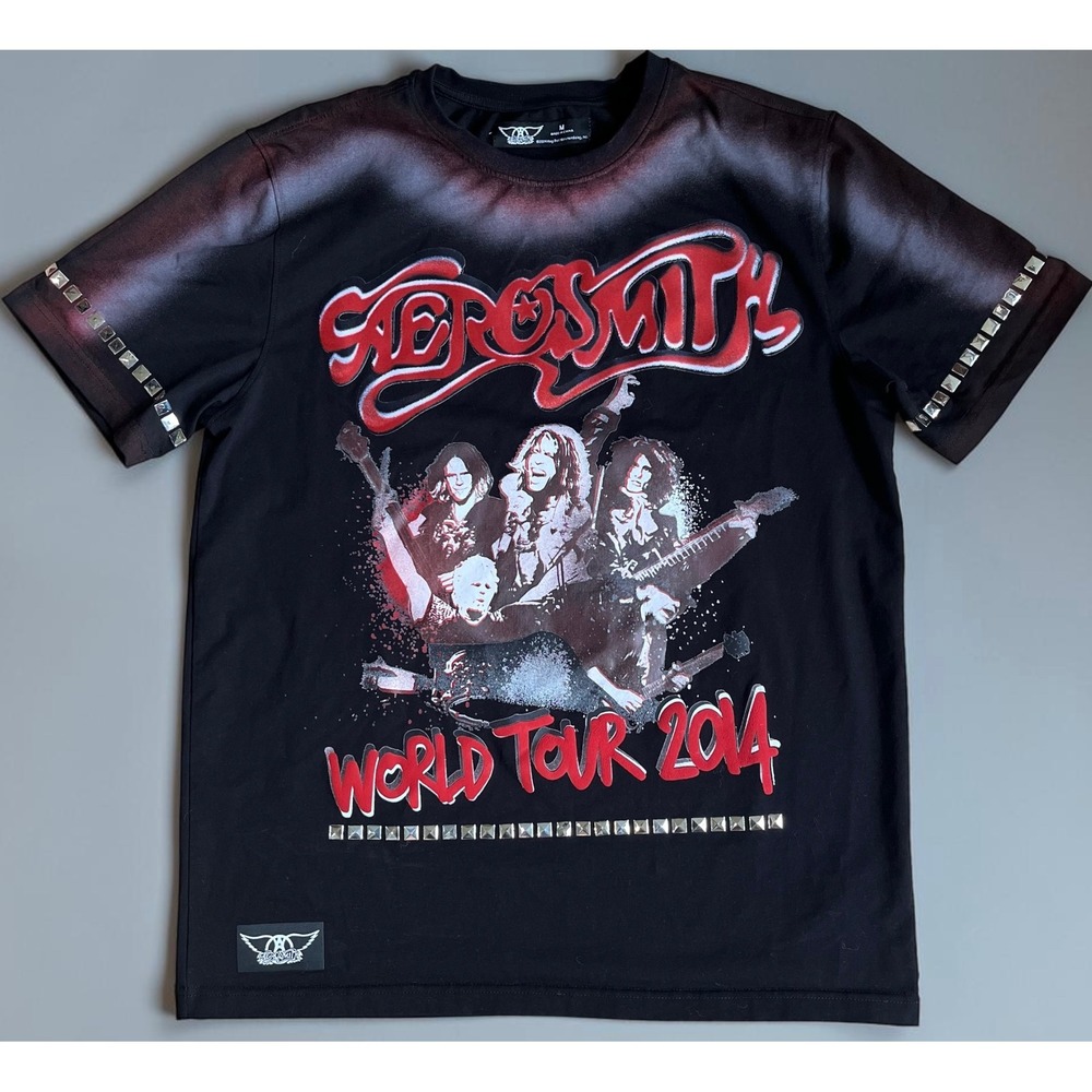 Aerosmith World Tour 2014 Studded Graphic T-Shirt Black Red Mens Medium